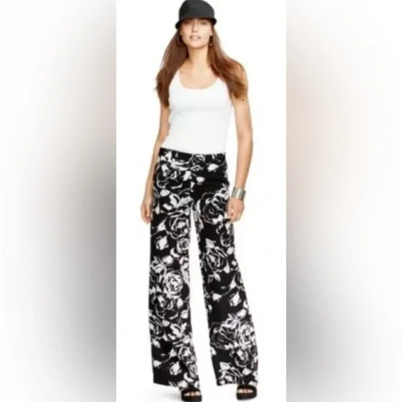 Lauren Ralph Lauren Black Pearl Floral Print Wide Leg Pants Womens Size 4 (1635) - Picture 2 of 6